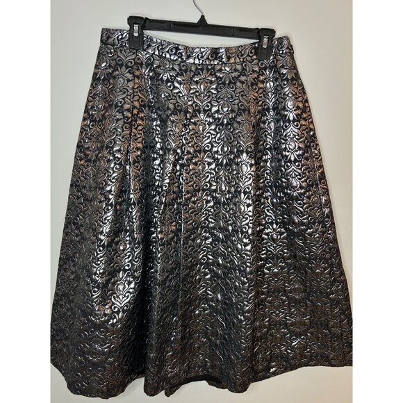 Talbots Dresses & Skirts - Talbots Jacquard Pleated Silver Metallic Black Midi Full Skirt Pockets Womens 10